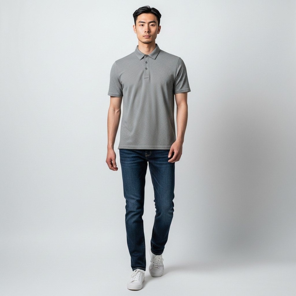7Diamonds Eagle Polo Shirt Medium Grey Geometric Knit Short Sleeve SMP-1460